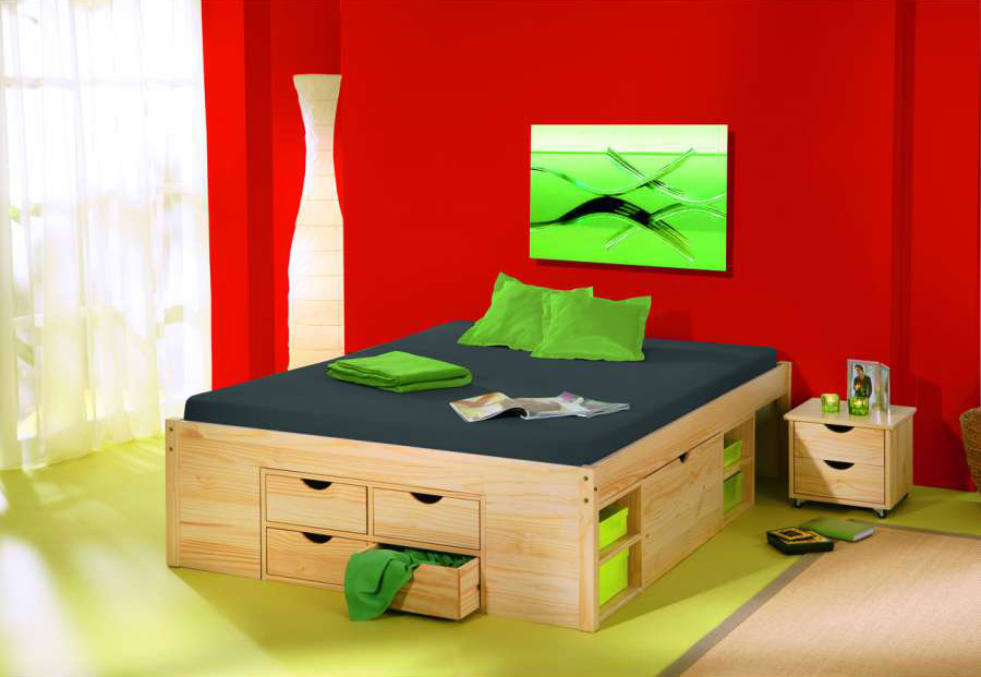 Ampio letto contenitore in pino disponibile 1 piazza e mezza o matrimoniale, con comodino