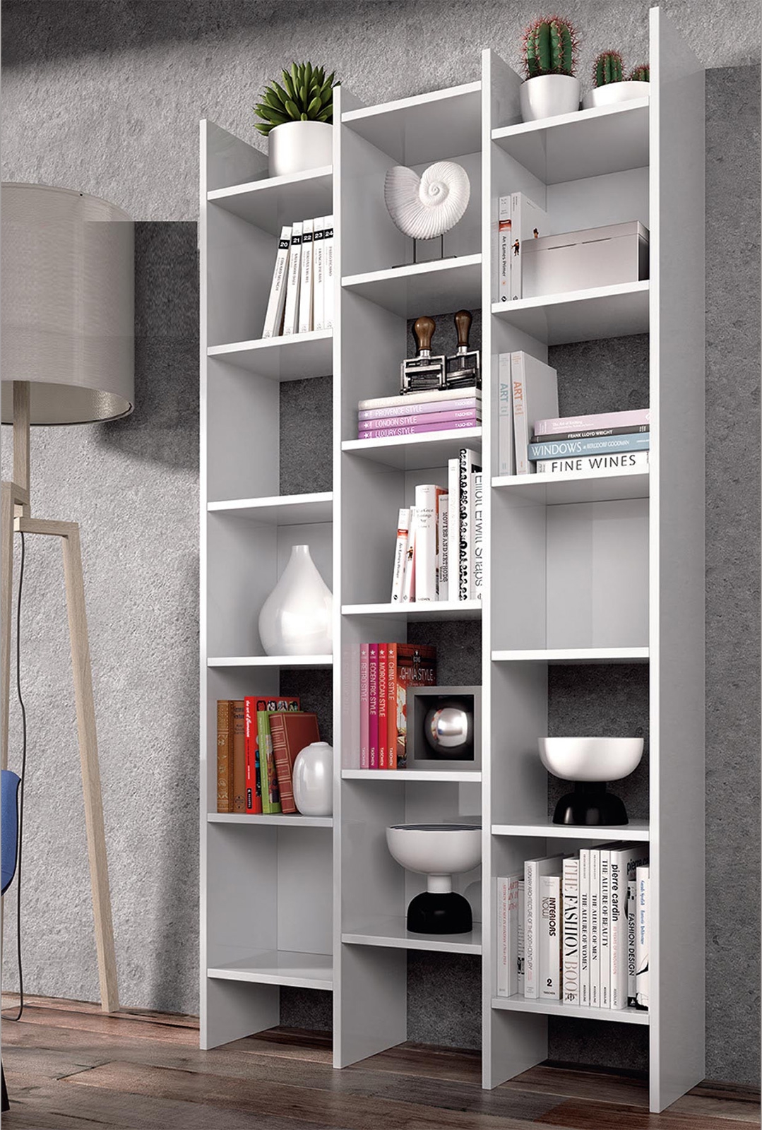 Libreria alta di design, in finitura bianco artik