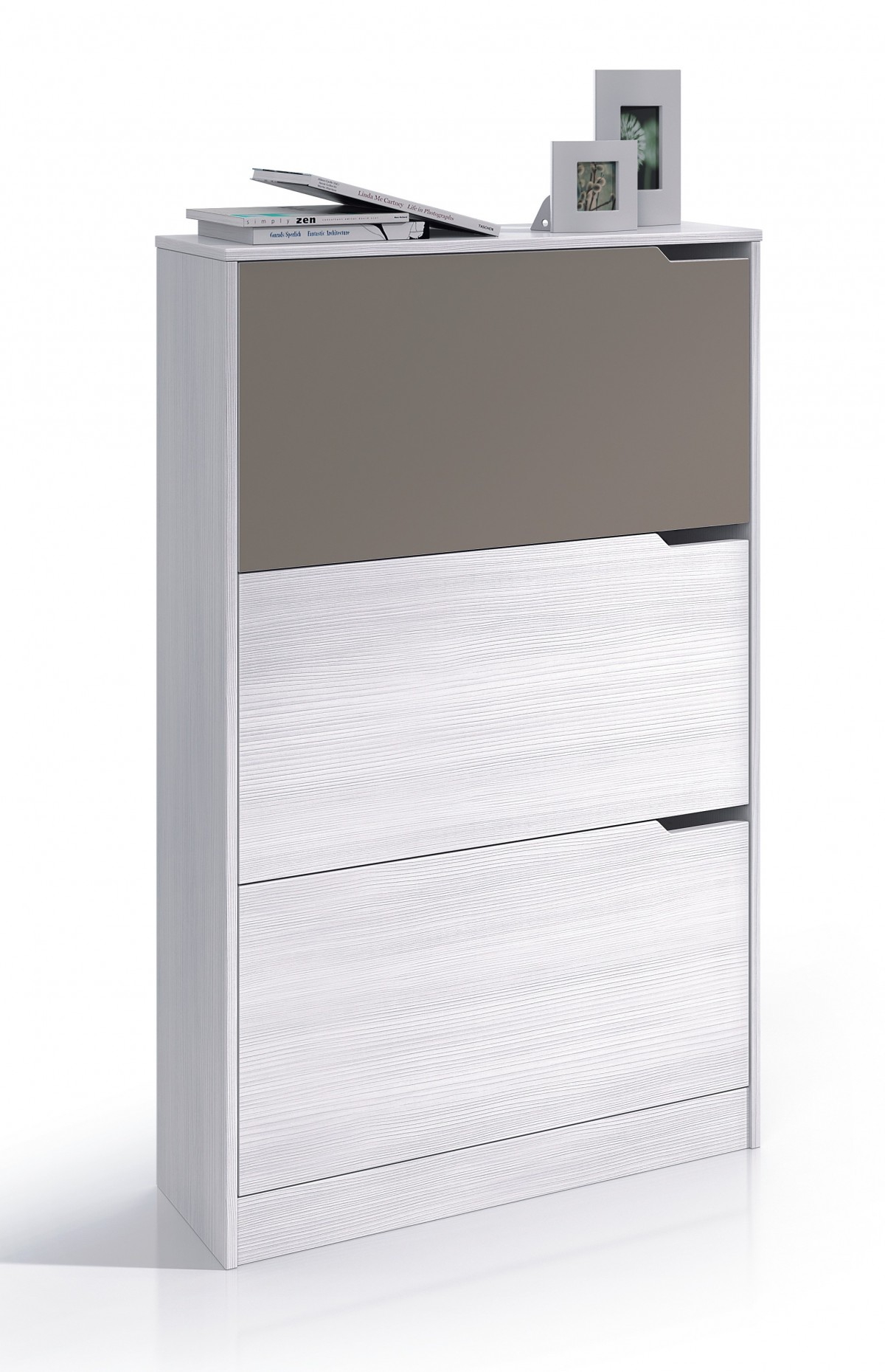 Scarpiera di design, 3 ante, bianco striato e basalto