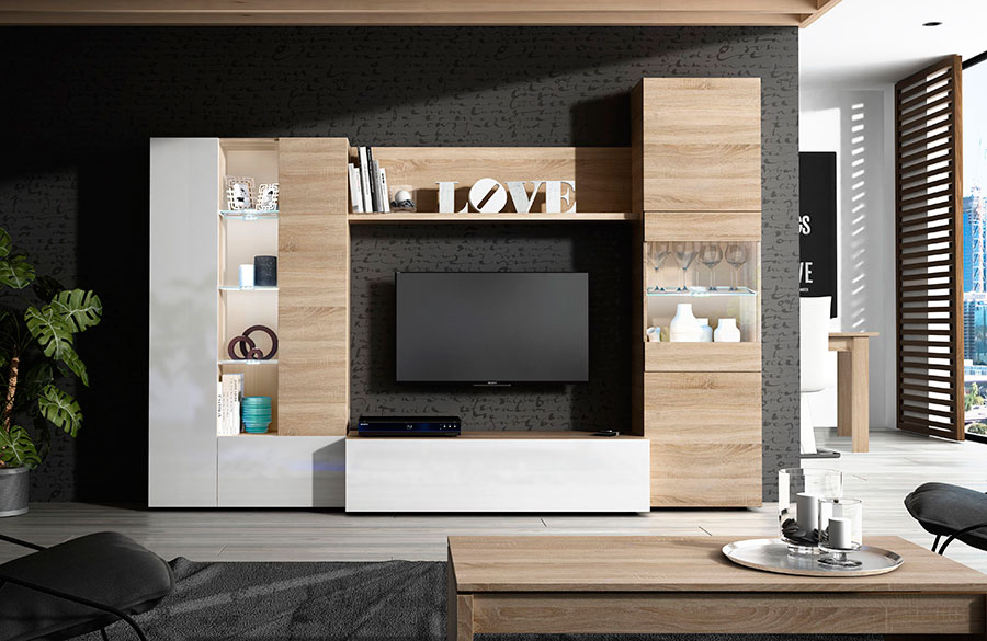 Parete attrezzata con led, quercia e bianco