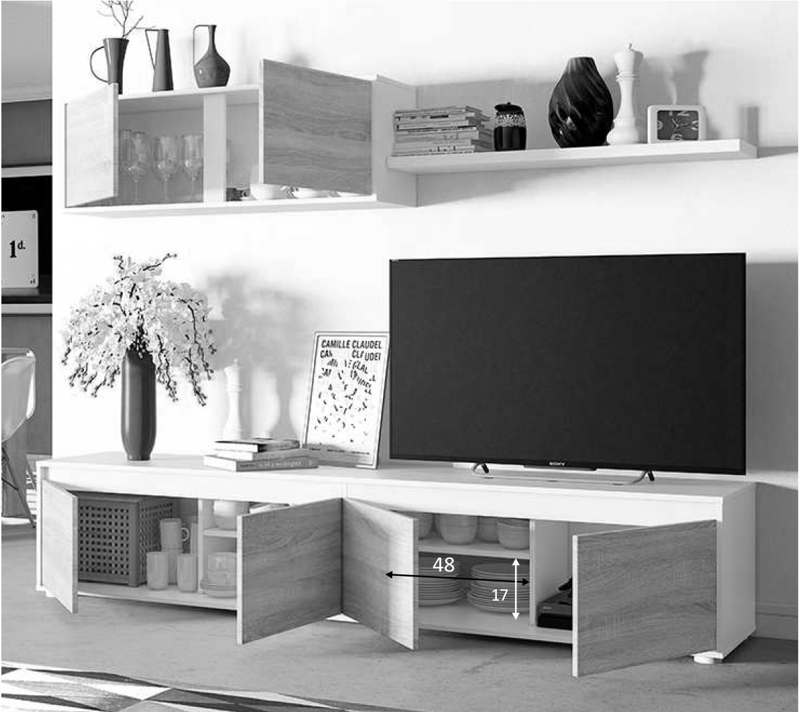 Soggiorno Zenzero, parete attrezzata moderna, con base tv, pensili e mensola, Bianco e Cemento