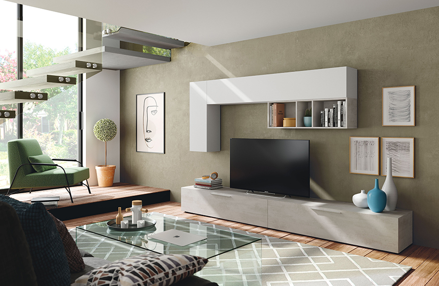 Soggiorno Zenzero, parete attrezzata moderna con doppia base porta TV e pensili a muro, cemento e bianco artik