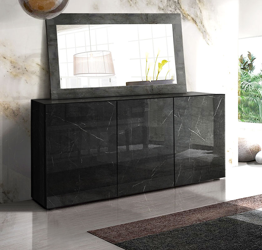 Soggiorno moderno Marmo Lucido Nero di Lusso con Porta TV, Madia e Vetrina