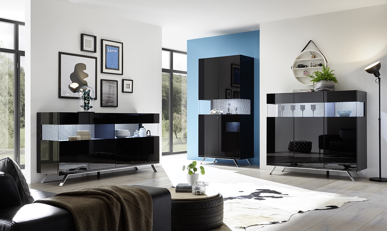 Sala completa moderna, nera lucida, piedino in ferro