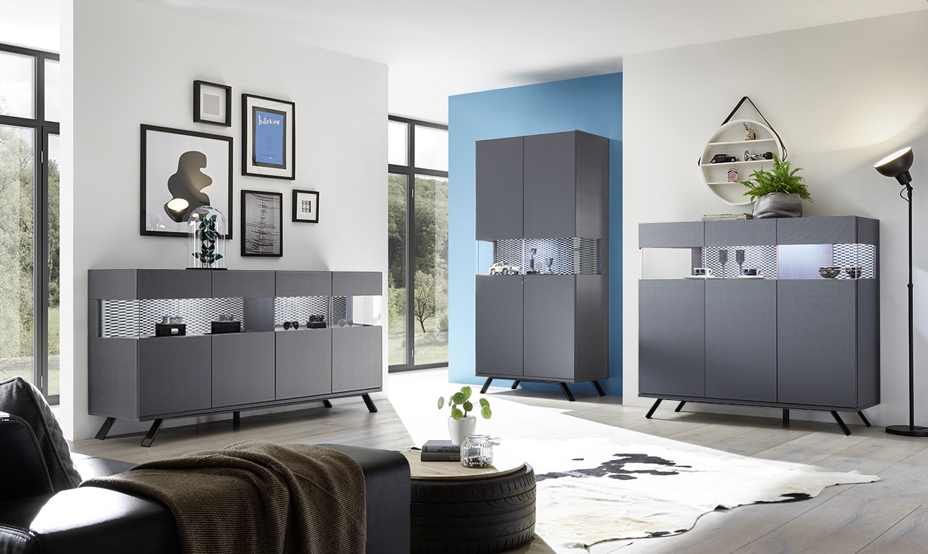 Sala completa moderna, finitura carbonio con piedino in ferro nero