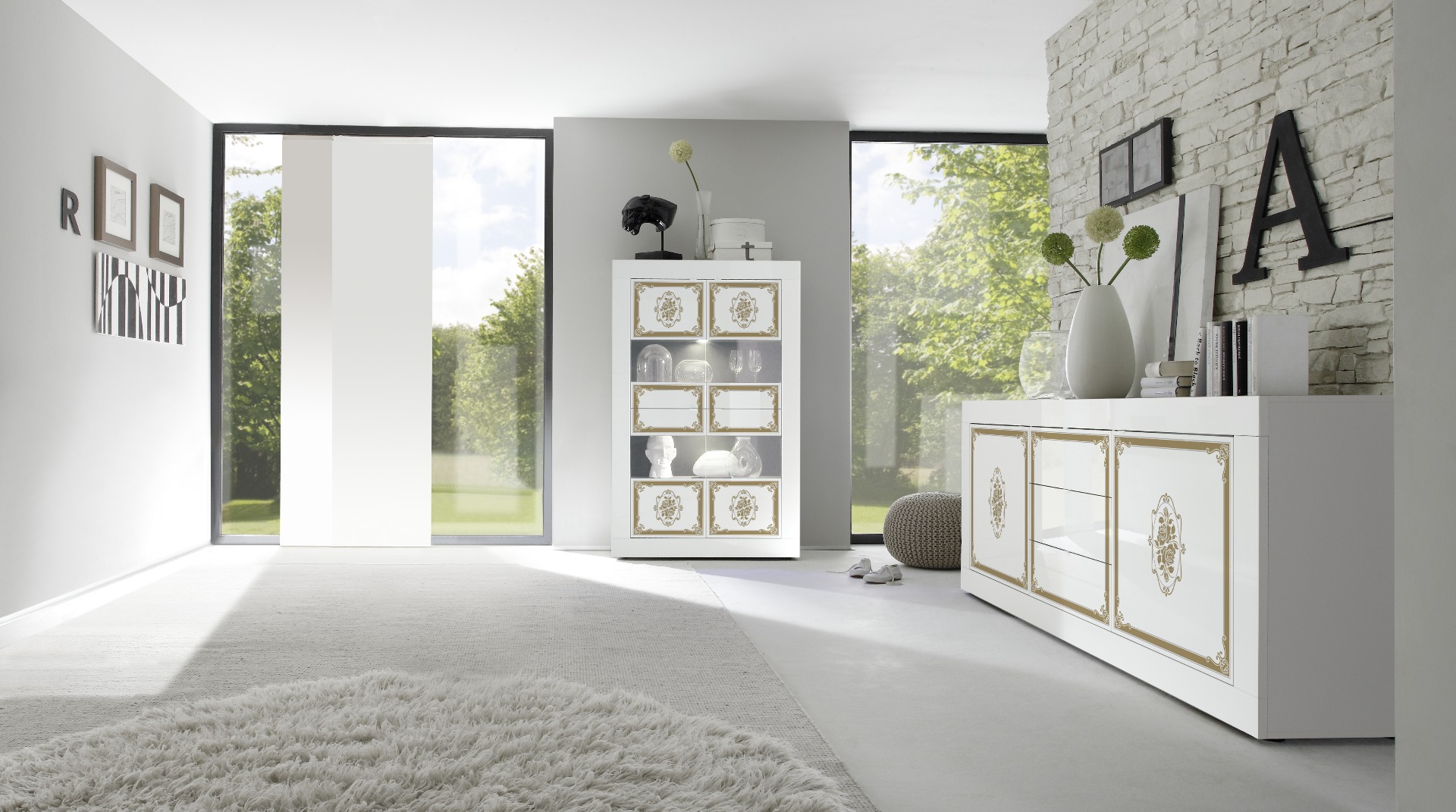 Vetrina 4 ante, bianco lucido con serigrafia dorata, Made in Italy