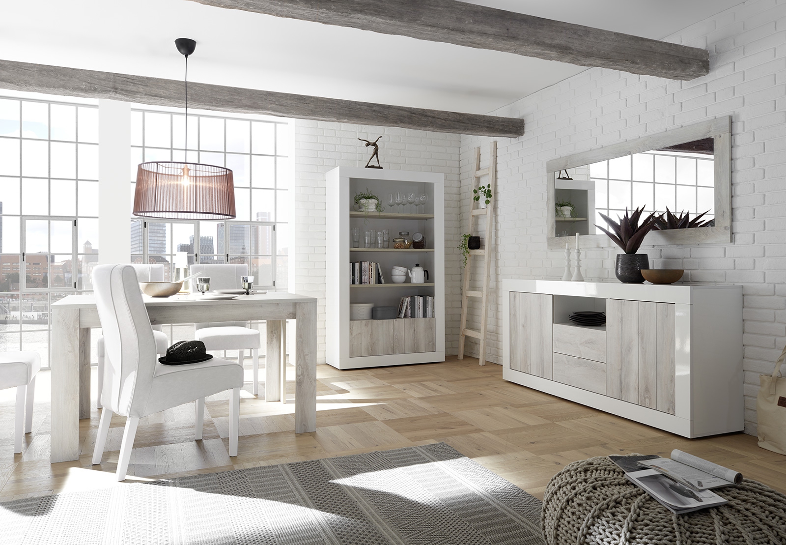 Sala completa di design con Madia, Libreria e Tavolo allungabile, finitura Pino Bianco e Bianco Lucido