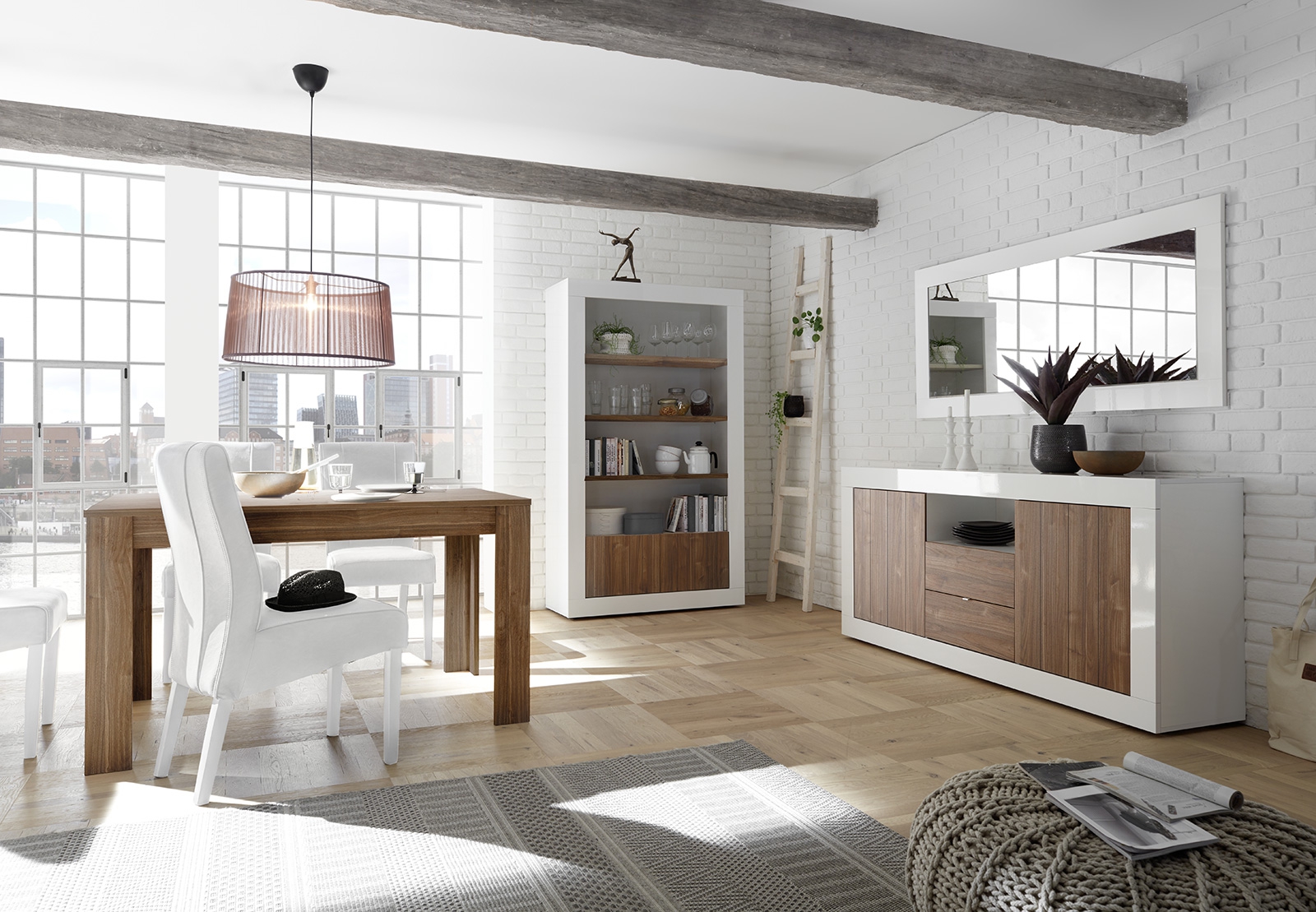 Sala completa di design con Madia, Libreria e Tavolo allungabile, finitura Bianco Lucido e Noce Dark