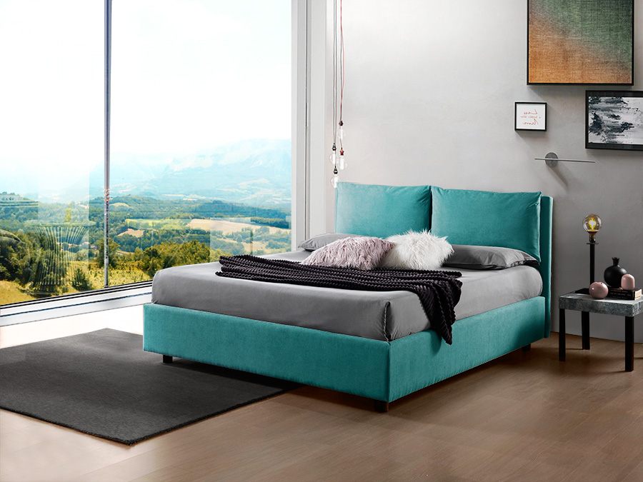 Letto matrimoniale Dalia, imbottito con tessuto color Verde acqua