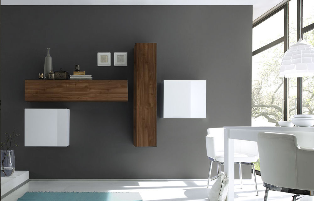 Parete attrezzata componibile, bianco e noce stelvio