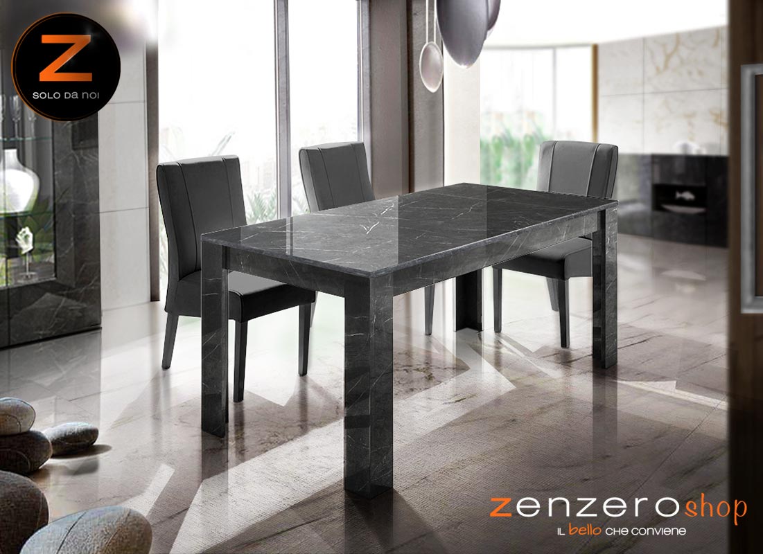 Sala da pranzo in Marmo Lucido Nero di Lusso, composta da Vetrina, Tavolo e Madia con vano