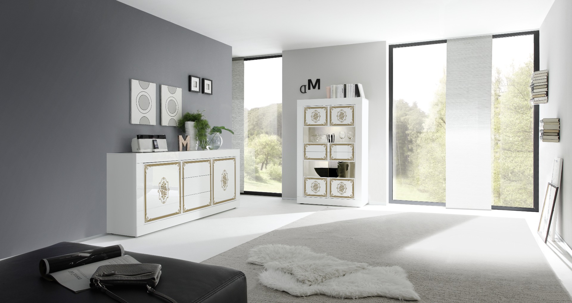 Vetrina 4 ante, bianco lucido con serigrafia dorata, Made in Italy