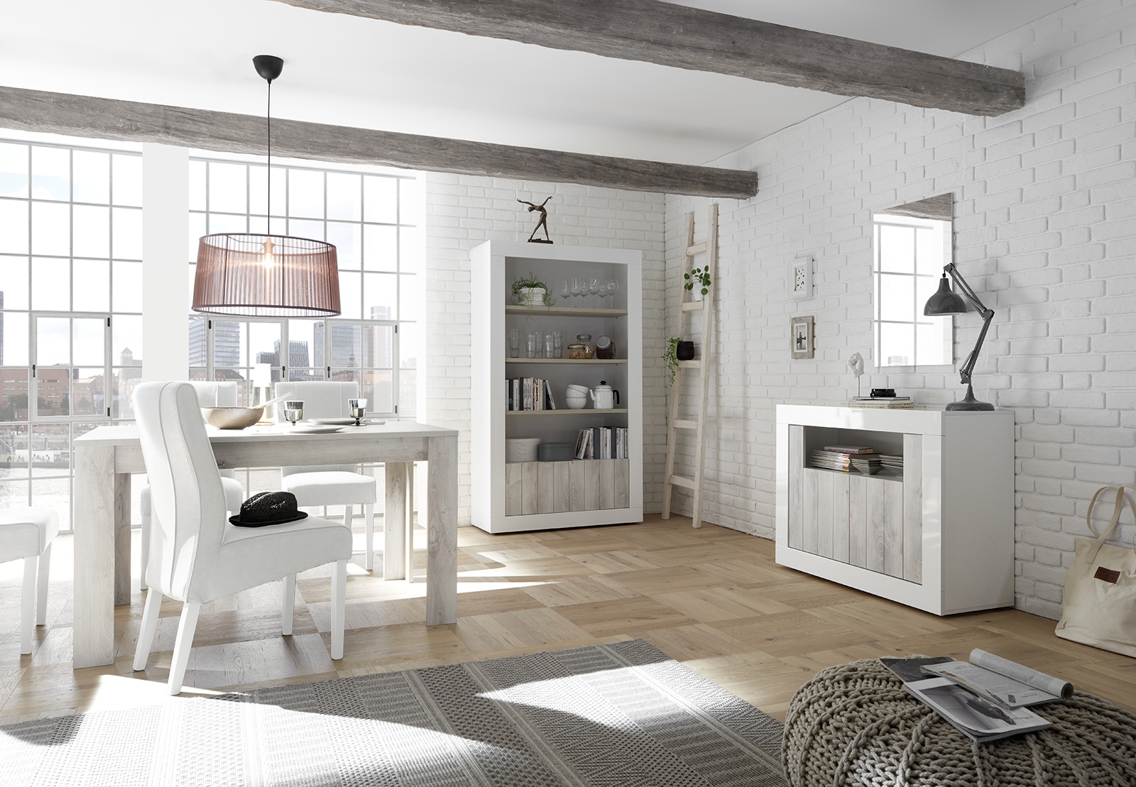 Sala completa di design con Madia 2 ante, Libreria e Tavolo allungabile, finitura Pino Bianco e Bianco Lucido