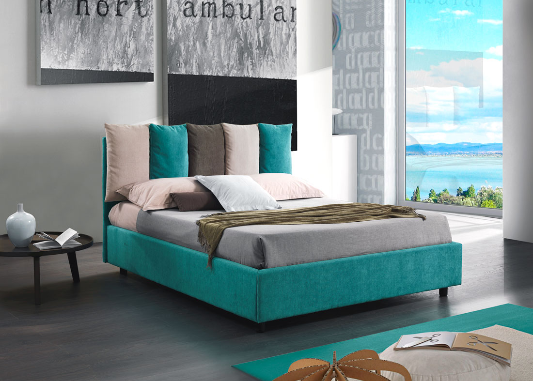 Letto matrimoniale Calla, imbottito con tessuto color Verde acqua, Orzo e Marrone