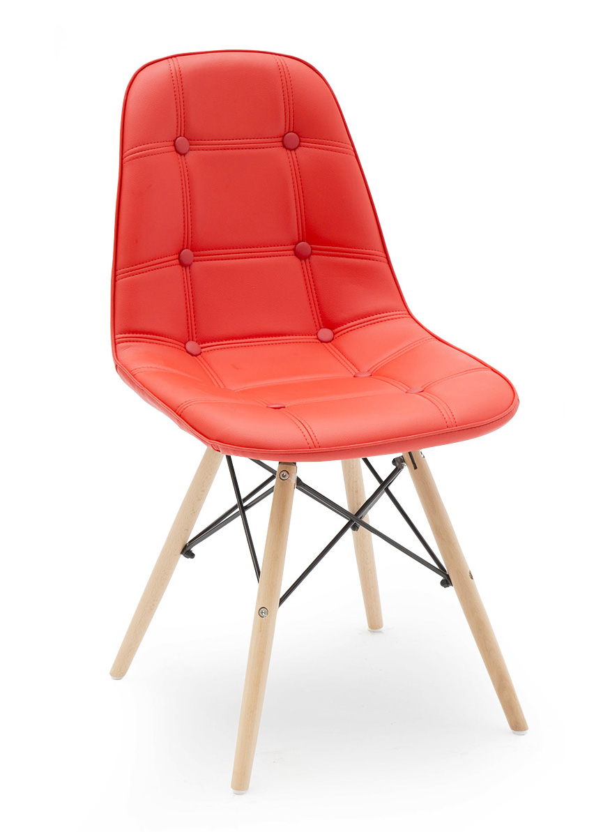 Sedia in ecopelle Rosso con bottoni, con gambe in Legno