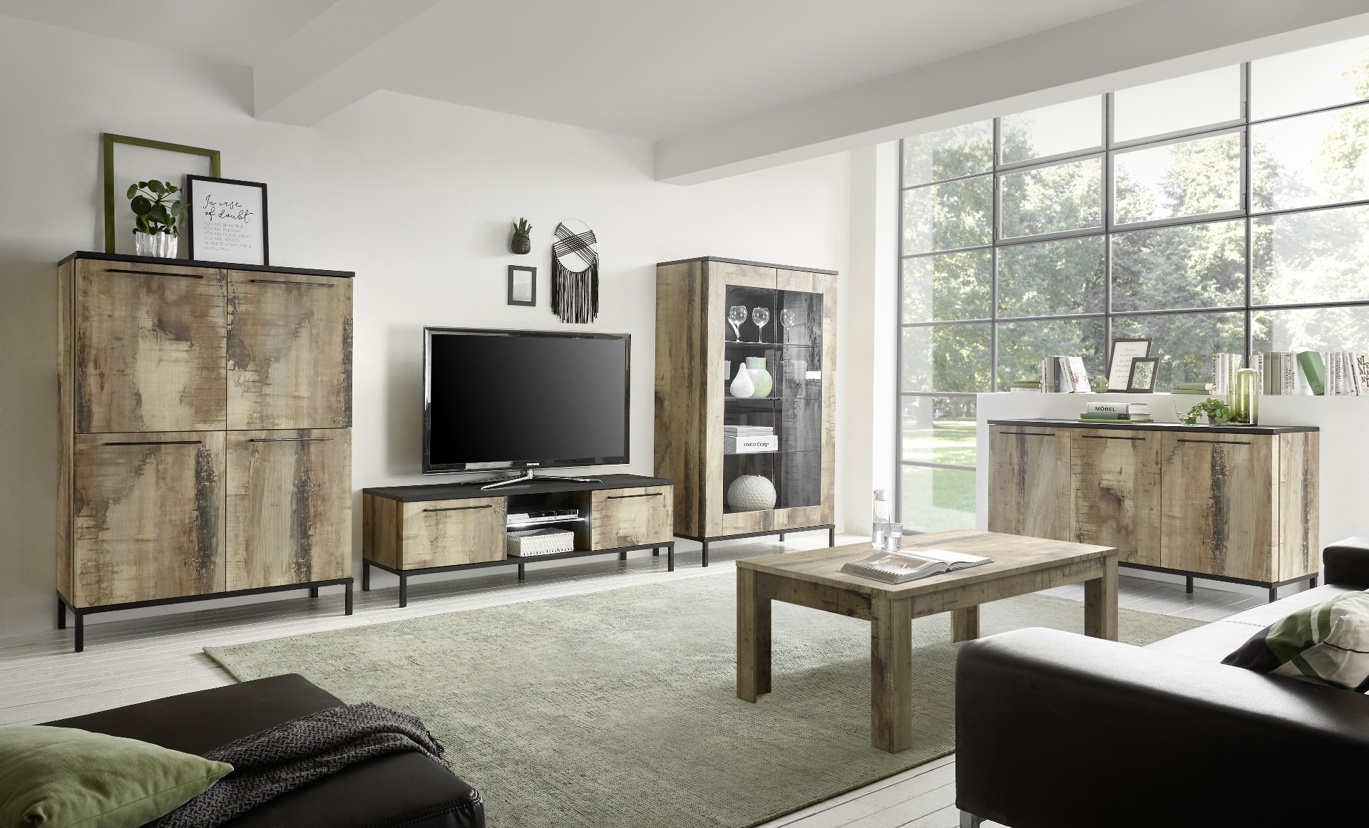 Soggiorno completo Industry in finitura Nero bruciato e Legno