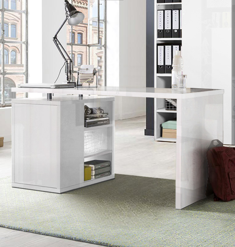 Scrivania ad angolo reversibile Point con 1 anta e 2 ripiani in finitura Bianco Lucido