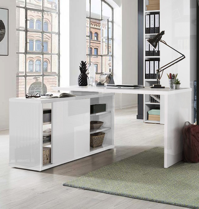 Scrivania ad angolo reversibile Point con cassettiera in finitura Bianco Lucido