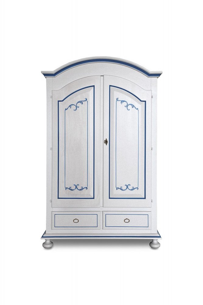 Armadio in legno, laccato bianco, con filetti blu, cappello tondo - pomelli anticati