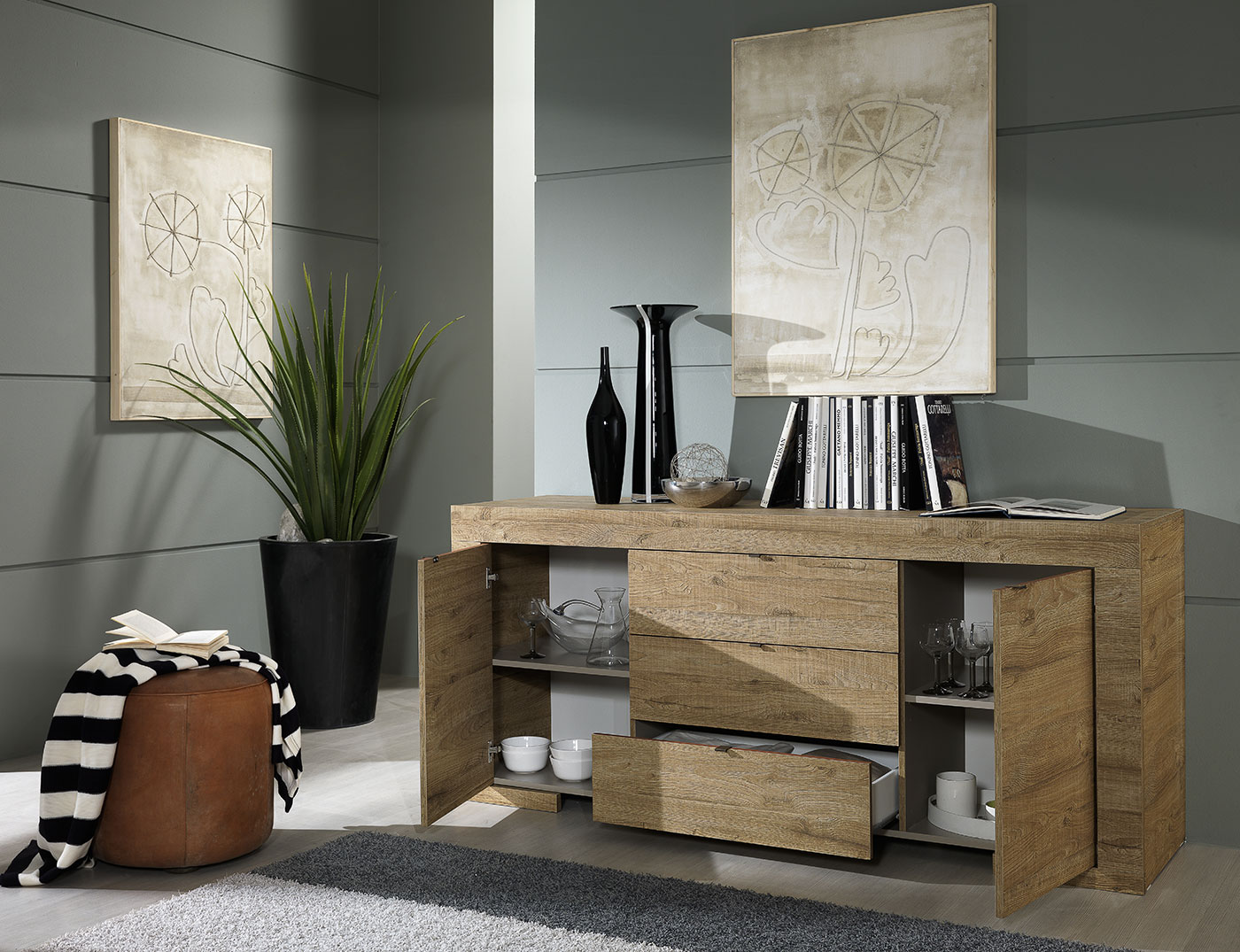 Soggiorno completo, in rovere miele