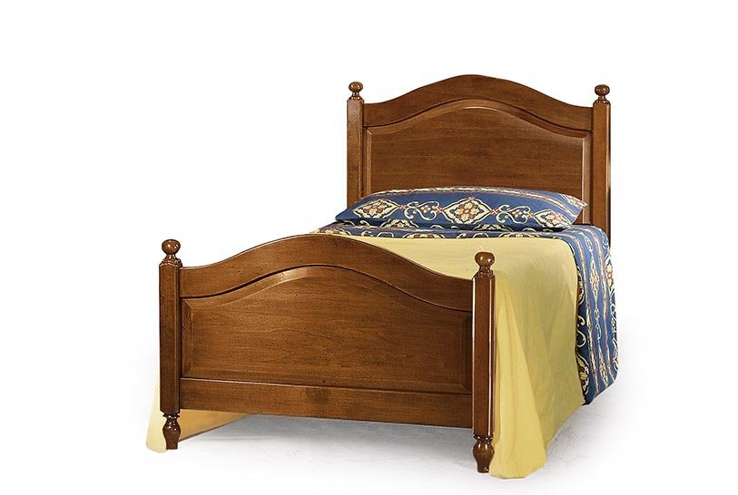 Letto singolo in legno con testata e pediera lavorata - lucidato noce