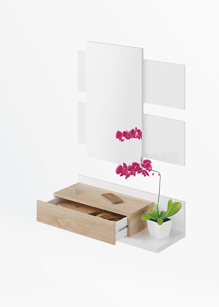  Entrate case moderne, mobile con specchio e cassetto bianco artik e rovere canadian