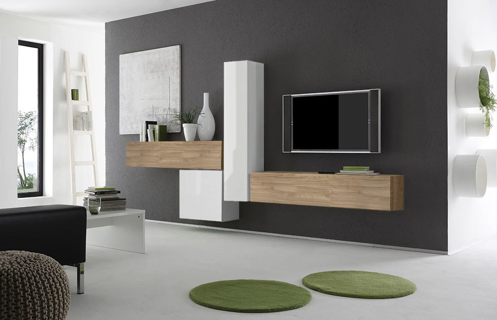 Parete attrezzata moderna di design, Cadiz e Bianco Lucido  - 327x169 cm