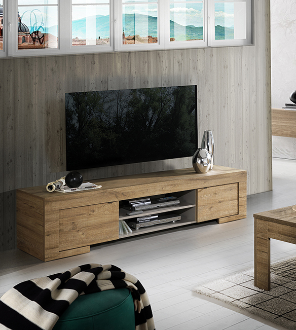 Porta TV moderno in Rovere Miele con vano a giorno e 2 ante, offerta Black Friday