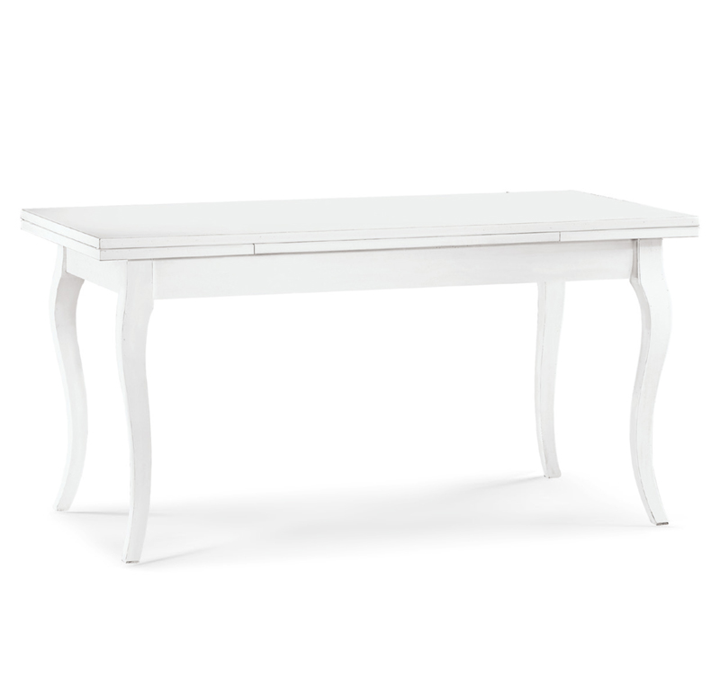Tavolo allungabile in legno con gambe a sciabola, bianco opaco, arte povera
