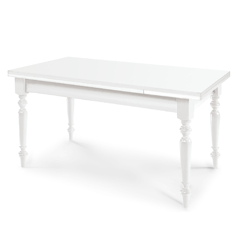 Tavolo allungabile in legno, bianco opaco, arte povera - gambe tornite