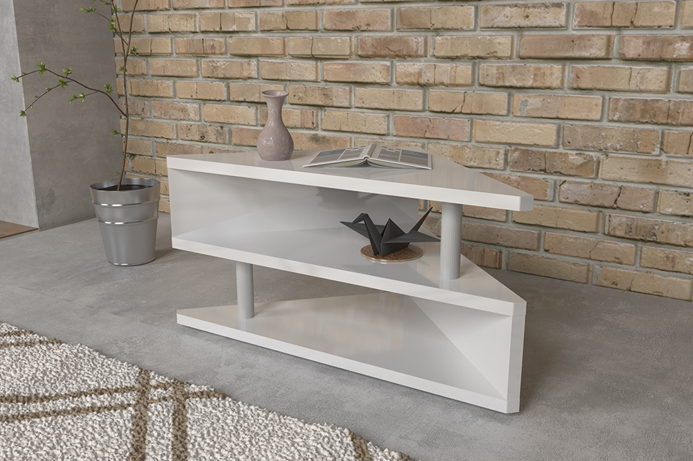 Tavolino triangolare moderno a 3 ripiani in finitura bianco lucido