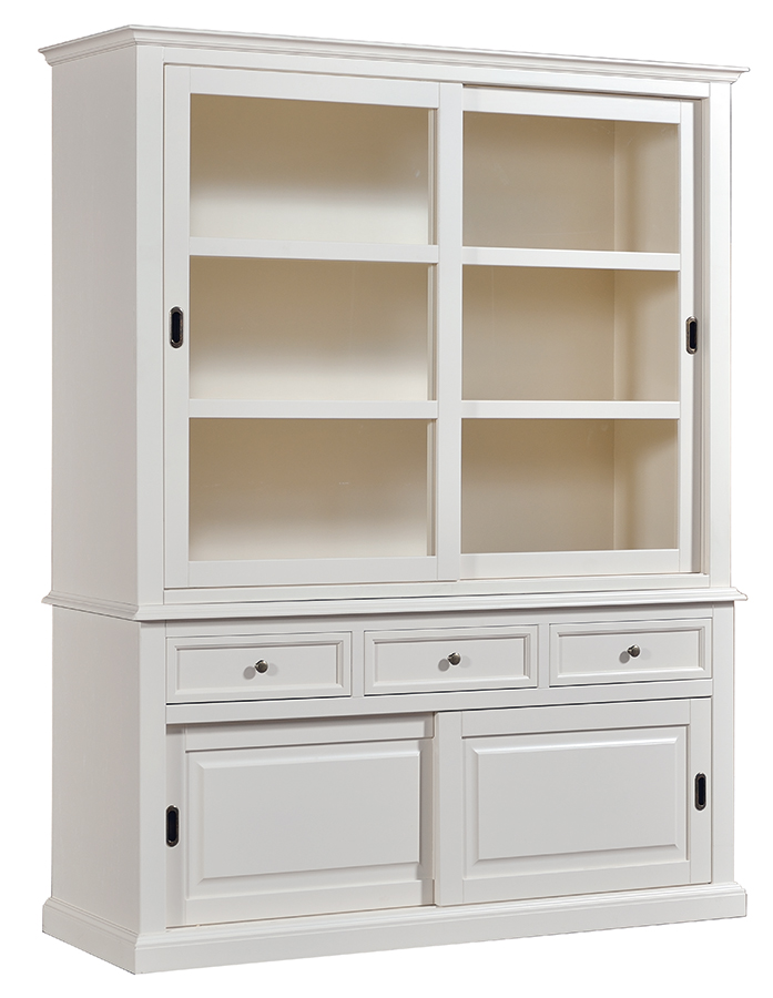 Cristalliera in Legno finitura laccato avorio, con 4 porte scorrevoli e 3 cassetti