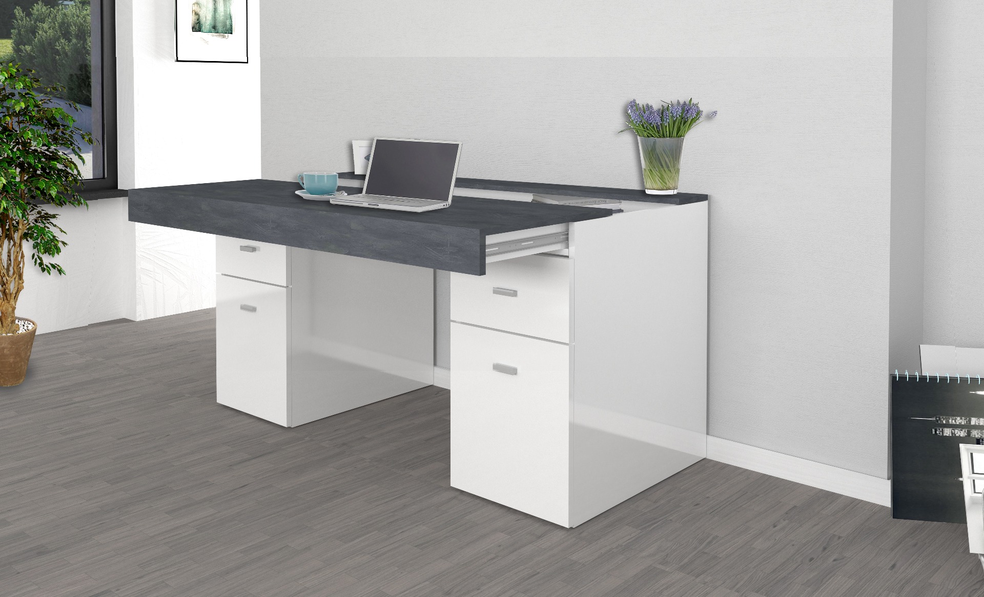 Scrivania 2 ante e 2 cassetti bianco lucido e ardesia, made in Italy