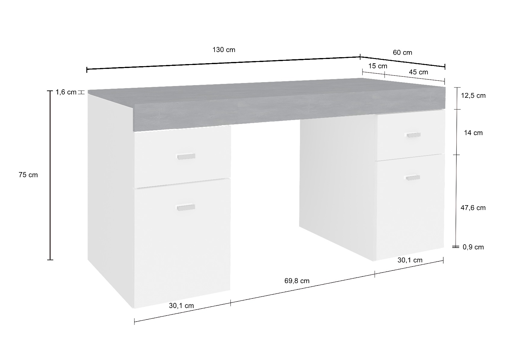 Scrivania 2 ante e 2 cassetti bianco lucido e ardesia, made in Italy