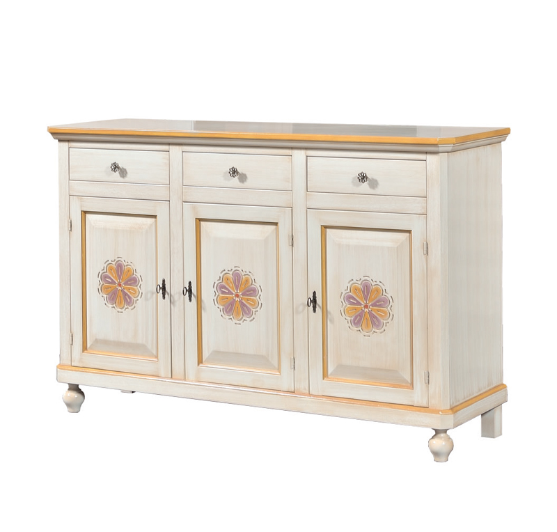 Credenza in legno avorio pennellato con decori, con 3 porte intagliata e 3 cassetti 158x103