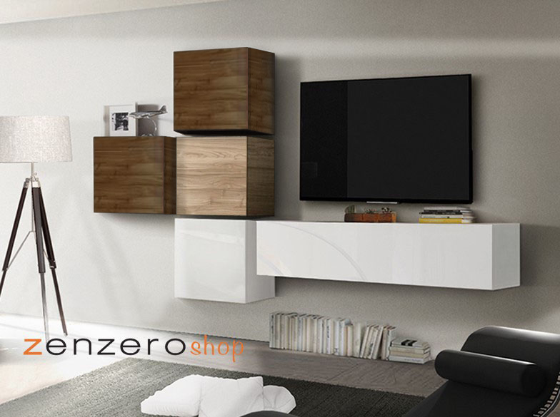 Parete attrezzata moderna di design, Noce Stelvio, Dark Bianco Lucido - 327x169 cm