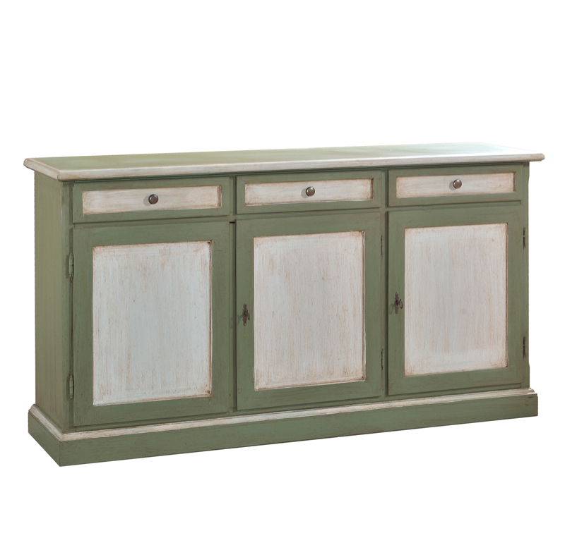 Credenza in legno finitura cerato bianco e verde, con 3 porte e 3 cassetti 156x85