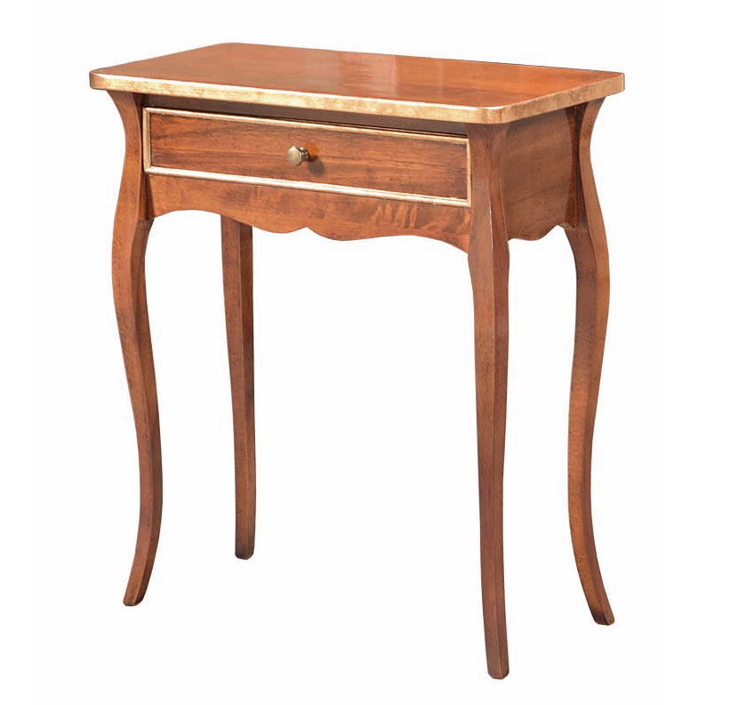 Consolle in legno finitura bassano e oro con gambe sagomate, con cassetto 62x70