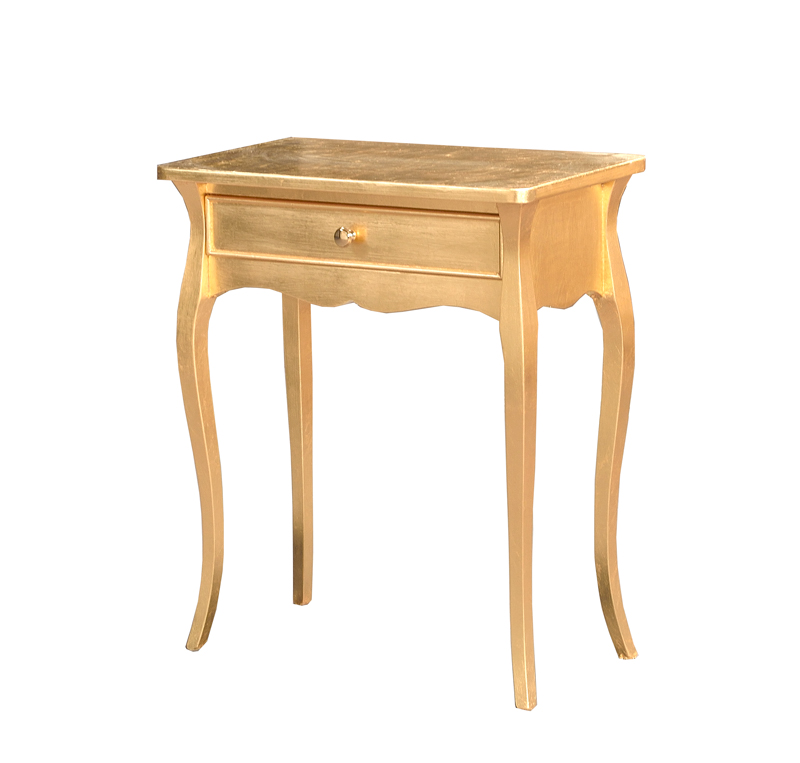 Consolle classica in legno finitura foglia oro con gambe sagomate, con cassetto 62x70