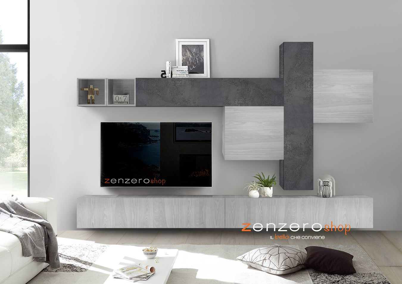 Soggiorno componibile con pensili e cubi, finitura Ossido