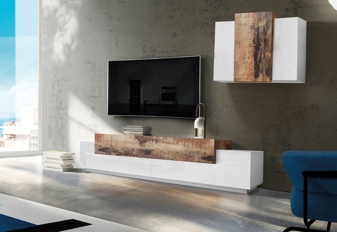 Porta Tv con pensile sospeso in finitura Bianco lucido e Pero