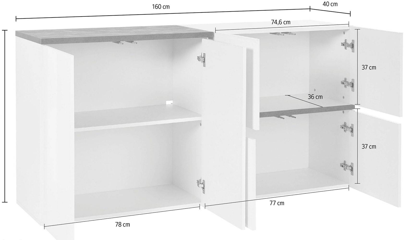 Madia moderna con 4 ante in finitura Bianco lucido e Pero L.160