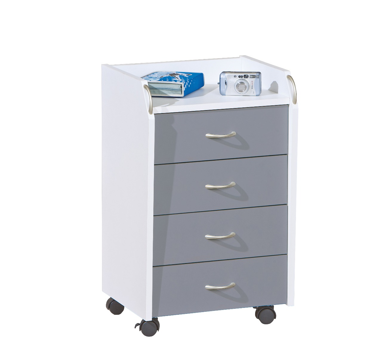 Cassettiera 4 cassetti, finitura bianco e grigio, con ruote