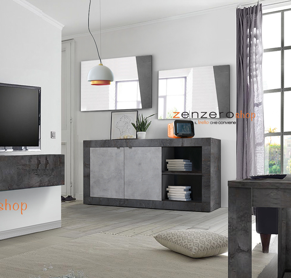 Credenza Madia moderna, 2 ante e vano a giorno con mensola, finitura Ossido e Beton