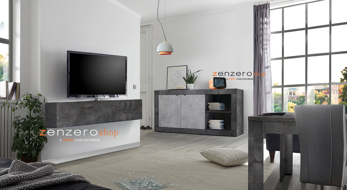 Credenza Madia moderna, 2 ante e vano a giorno con mensola, finitura Ossido e Beton