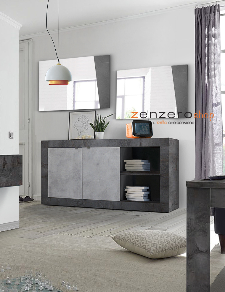 Credenza Madia moderna, 2 ante e vano a giorno con mensola, finitura Ossido e Beton