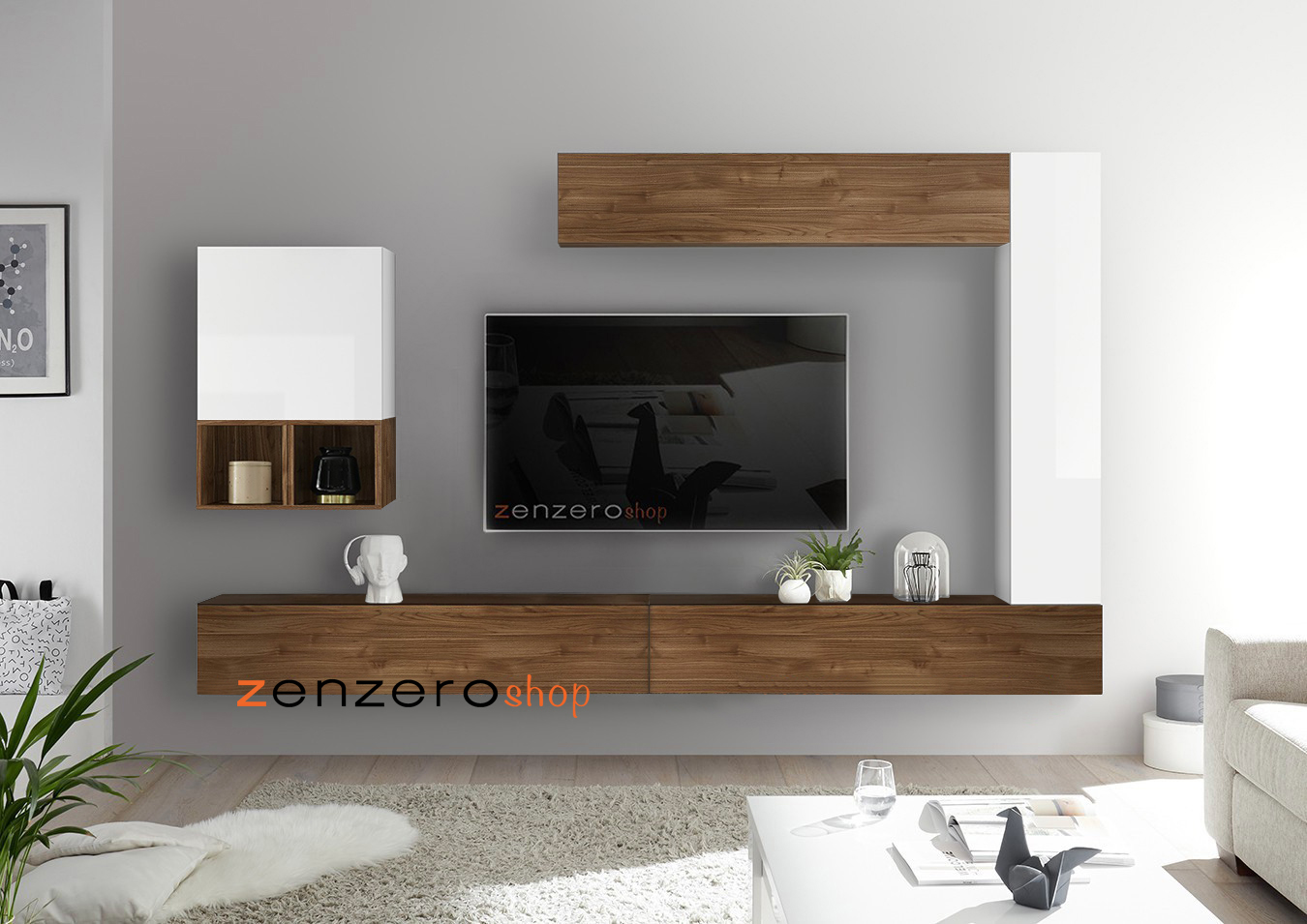 Soggiorno Zenzero, parete attrezzata con con ribalte, pensili, cubi e vani a giorno, bianco lucido, mercure e noce dark