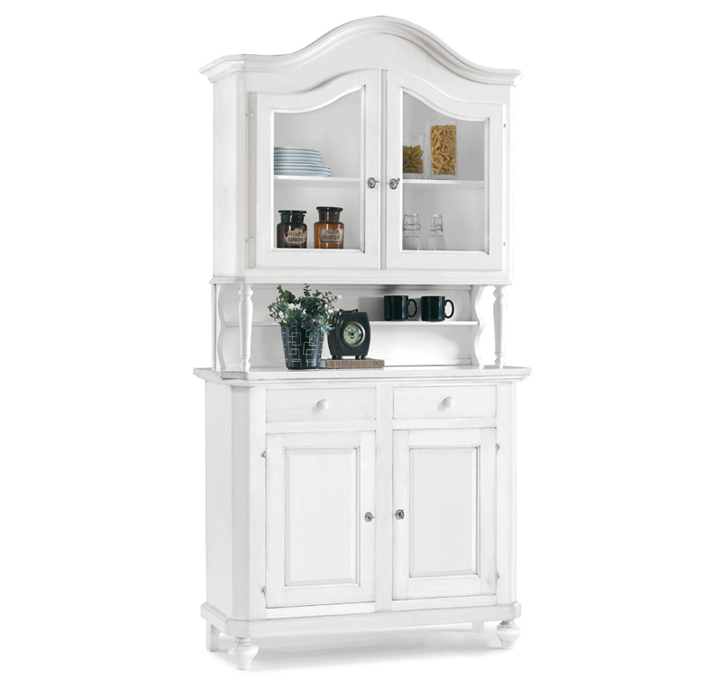 Vetrina in legno finitura bianco opaco, ante in vetro, con 2 porte e 2 cassetti 104x43 219H