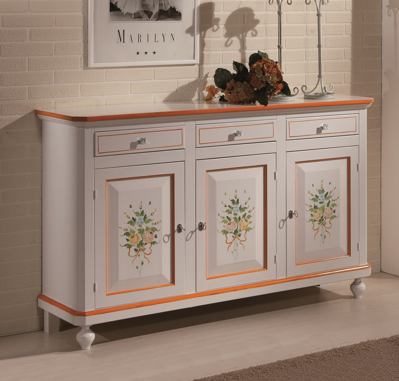 Credenza in legno finitura laccato bianco con decori, con 3 porte e 3 cassetti 158x103
