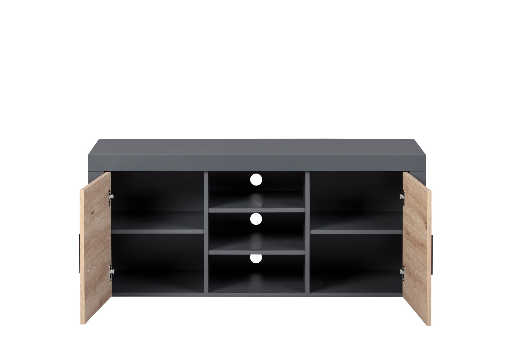 Porta TV con 2 ante e 3 ripiani, colore  quercia con scocca grigio antracite